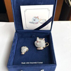2001 Disney Swarovski 10th Anniversary Mrs. Potts & Chip Brooch Set #0184/1000